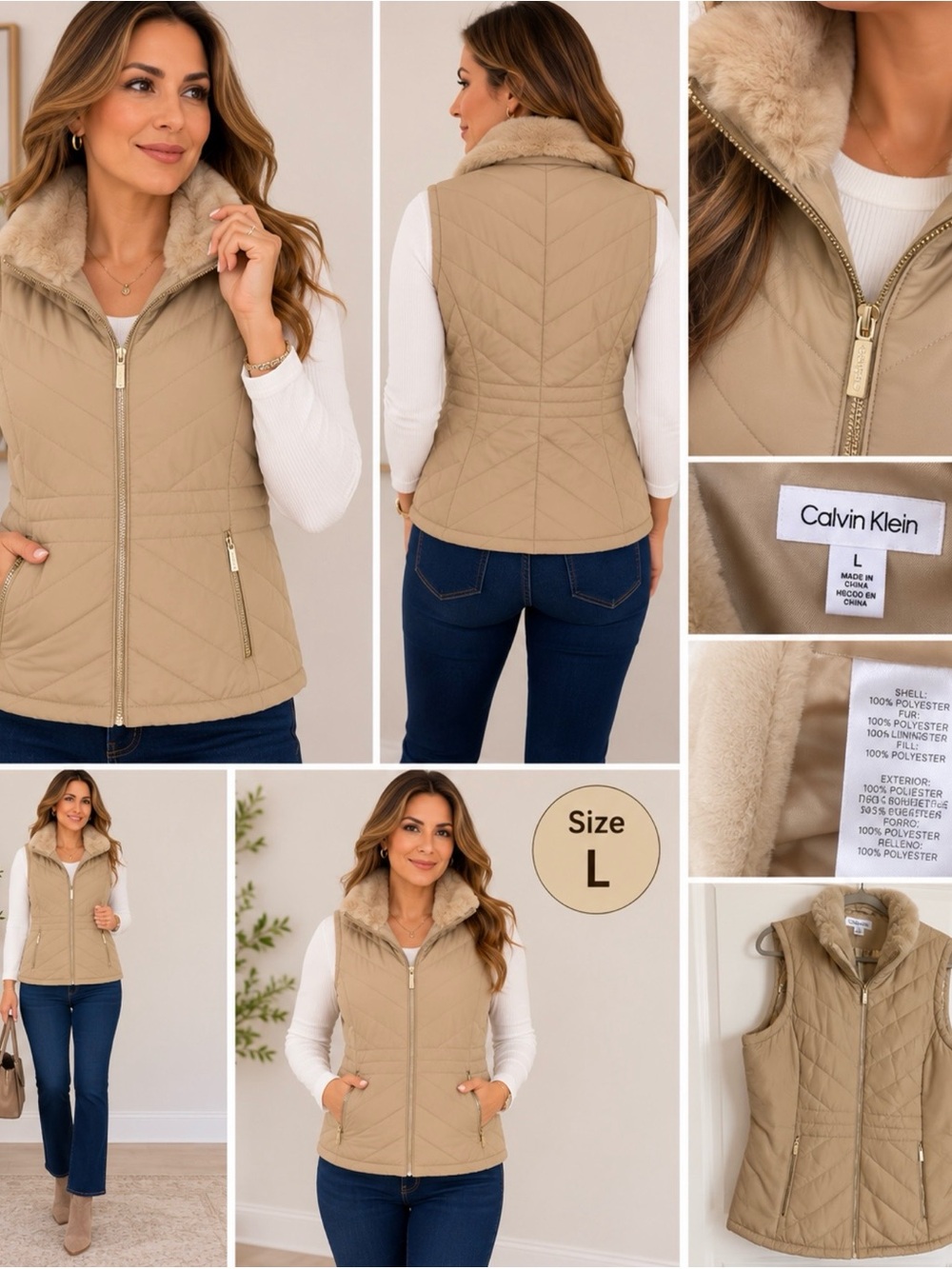 Calvin Klein Women’s L Beige Quilted Puffer Vest Faux Fur Collar